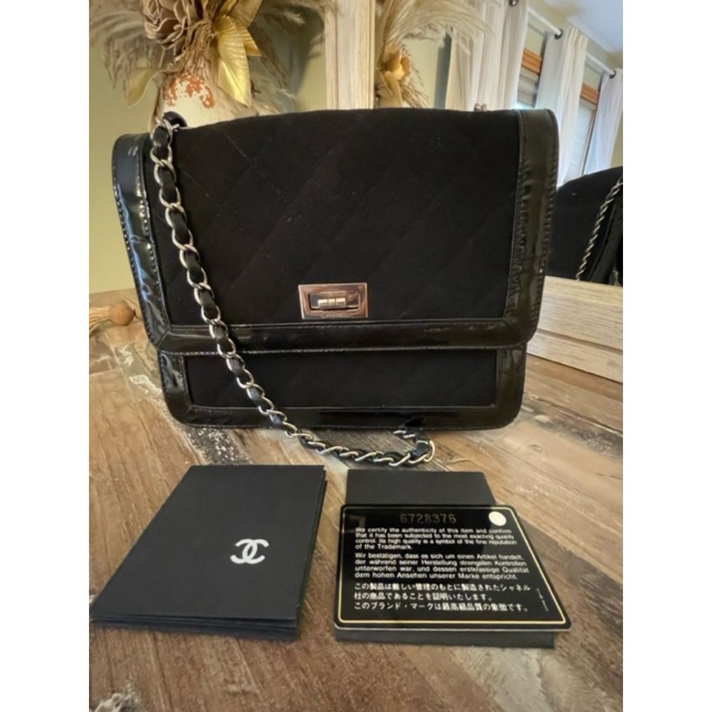 Chanel Vintage Mademoiselle Flap Bag Quilted Canvas Black Patent Small Reissue